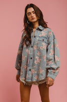 BiBi OVERSIZED Washed Denim Floral Print Shacket in Light Denim ON ORDER