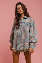 Load image into Gallery viewer, BiBi OVERSIZED Washed Denim Floral Print Shacket in Light Denim ON ORDER
