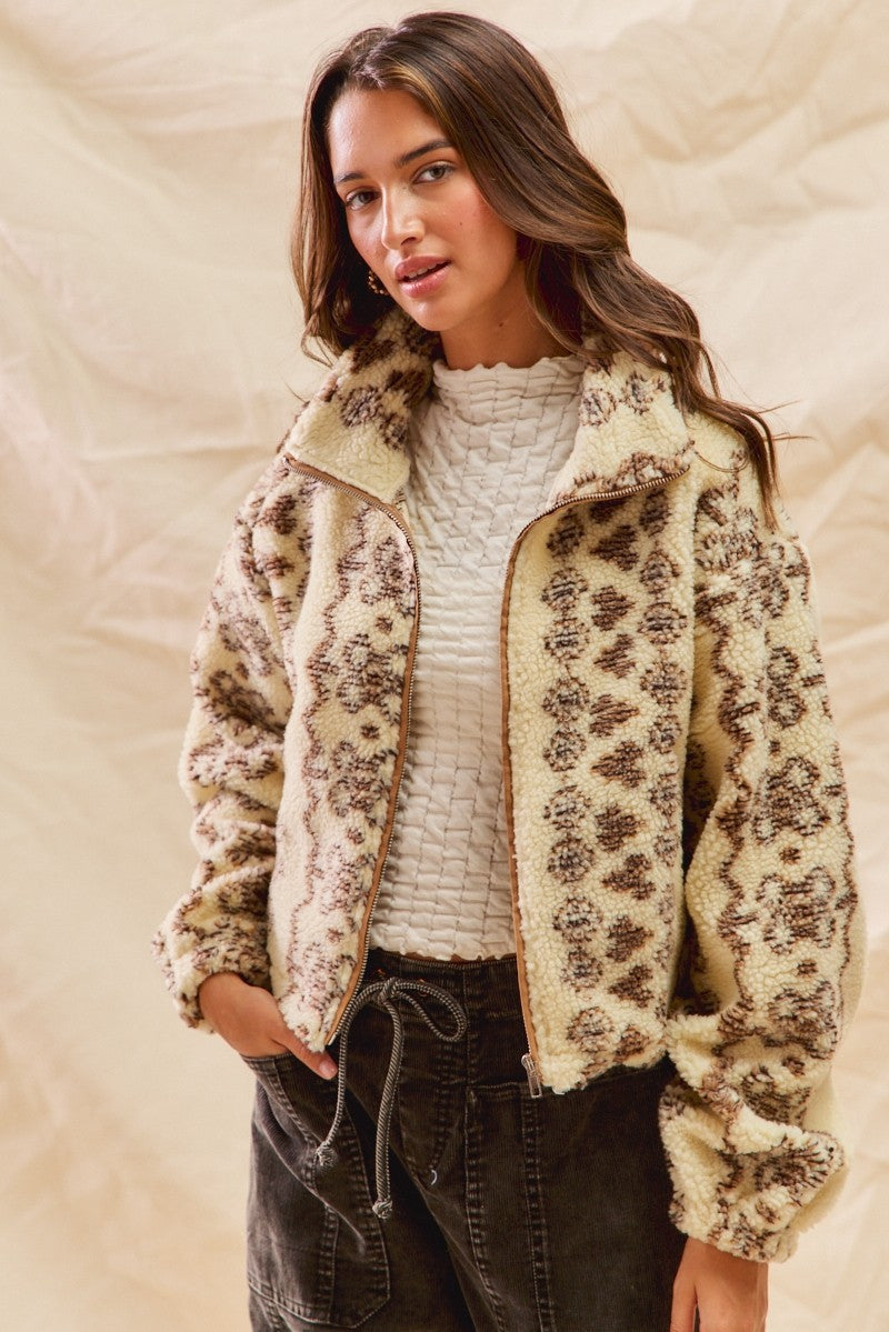 So Me Mixed Pattern Sherpa Jacket in Cream/Brown – June Adel