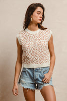BiBi Lightweight Knit Leopard Print Sleeveless Sweater Top in Ivory/Tan