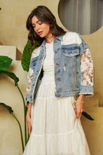 Load image into Gallery viewer, Davi &amp; Dani Distressed Denim and Lace Jacket in Light Denim
