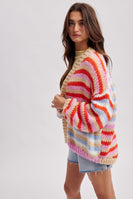Wishlist Multi Stripe Sweater Cardigan in Red/Sky