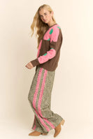 Davi & Dani Leopard Pants with Contrasting Lace Stripe in Green Leopard