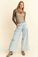 Davi & Dani Sheer Mesh Pearl and Stone Embellished Top in Black