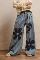 BiBi Flower Patched Washed Chambray Pants in Denim/Dark Denim
