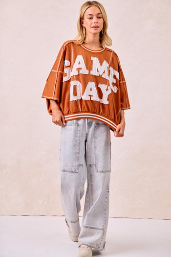 BiBi OVERSIZED French Terry Top with GAME DAY Letter Patchwork Front in Burnt Orange/White