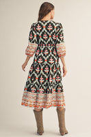 Jodifl Boho Print Tiered Midi Dress in Olive Mix