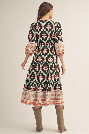 Jodifl Boho Print Tiered Midi Dress in Olive Mix