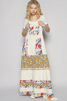 POL Mixed Print Patchwork Overall Dress in Oatmilk