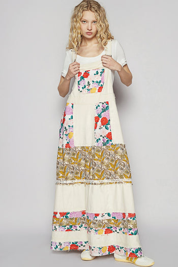 POL Mixed Print Patchwork Overall Dress in Oatmilk