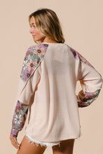 Load image into Gallery viewer, BiBi Thermal Knit Top with Color Block Patched Floral Print in Oatmeal
