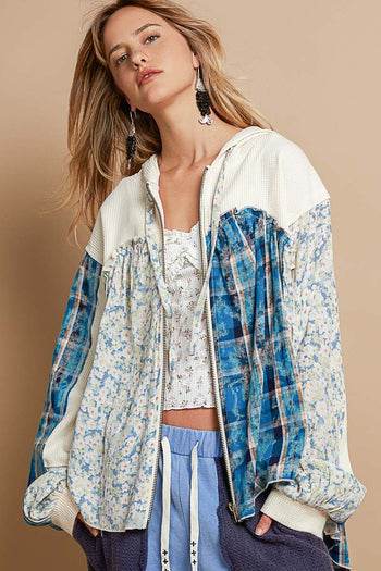 POL Mixed Fabric and Print Zip Up Hooded Top in Cream ON ORDER