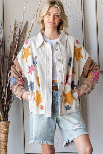 Oli & Hali Color Block Corduroy Shacket with Multi Colored Star Patches in Cream