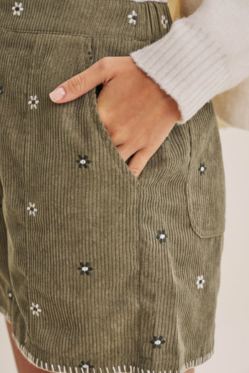 In February Meadow Market Artisan Daisy Embroidered Corduroy Shorts in Olive