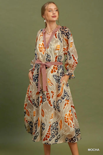 Umgee Abstract Print Midi Dress in Mocha