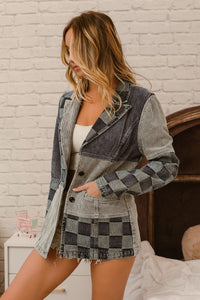 BiBi Corduroy and Denim Checkered Mixed Fabric Blazer Jacket in Denim Multi ON ORDER