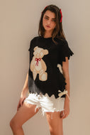 BiBi Teddy Bear Knit Sweater Top with Side Ties in Black
