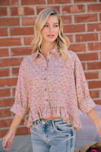 Load image into Gallery viewer, BiBi Pink Floral Ruffle Hem Button Down Blouse in Dusty Rose
