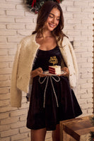 So Me Christmas Holiday Velvet Mini Dress with Embellished Bow in Black
