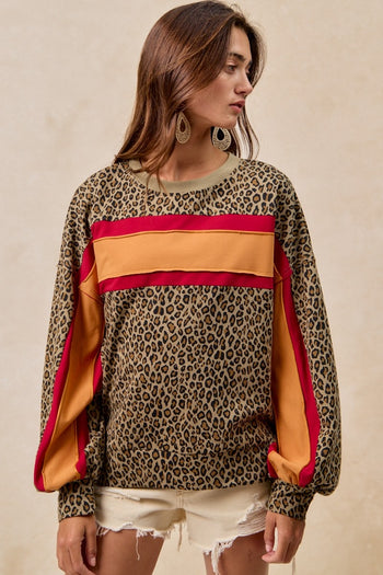BiBi French Terry Leopard Print Top with Contrasting Color Block Stripes in Red/Pumpkin