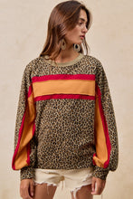 Load image into Gallery viewer, BiBi French Terry Leopard Print Top with Contrasting Color Block Stripes in Red/Pumpkin
