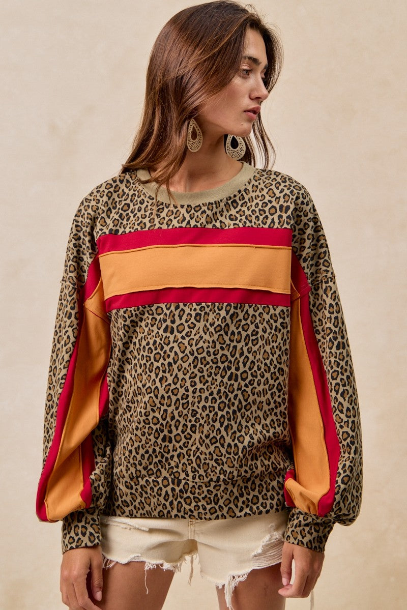 BiBi French Terry Leopard Print Top with Contrasting Color Block Stripes in Red/Pumpkin