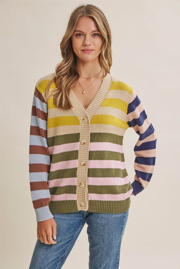 In February Playful Color Story Multi Color Stripe Button-down Cardigan in Natural/Olive Mix