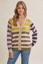 Load image into Gallery viewer, In February Playful Color Story Multi Color Stripe Button-down Cardigan in Natural/Olive Mix

