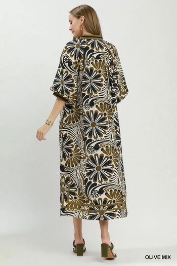 Umgee Abstract Print Midi Dress in Olive Mix