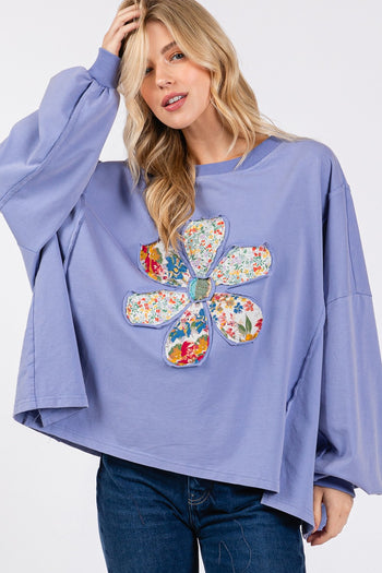 Sage+Fig OVERSIZED Terry Knit Top with Daisy Flower Patch in Maya Blue
