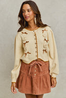 So Me Ribbon and Rose Applique Cardigan in Cream/Camel