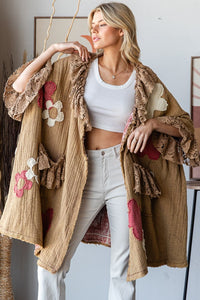 Oli & Hali OVERSIZED Flower Patched Open Front Cardigan in Coffee