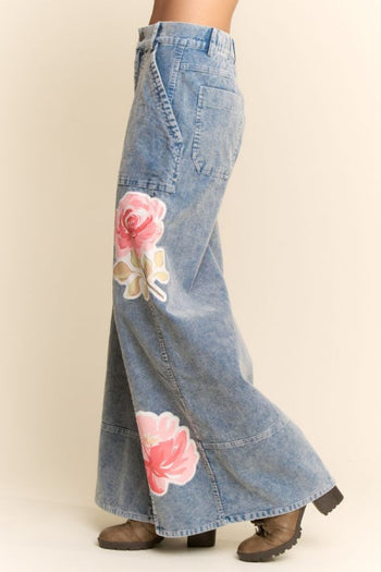 Davi & Dani Washed Corduroy Pants with Printed Flowers in Washed Blue