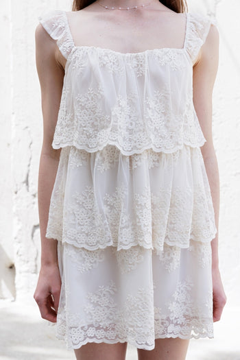 Storia Lace Tiered Mini Dress in Ivory