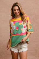 BiBi Mix n Match Stripes Dolman Top with Flower Patches on Front in Honey Combo