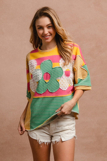 BiBi Mix n Match Stripes Dolman Top with Flower Patches on Front in Honey Combo