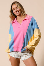 Load image into Gallery viewer, BiBi Oversized French Terry Color Block Top in Pink/Blue/Vanilla
