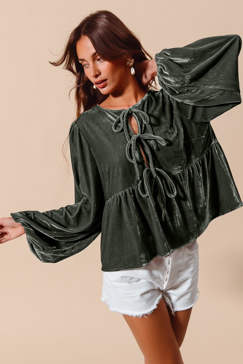 So Me Velvet Babydoll Top in Olive