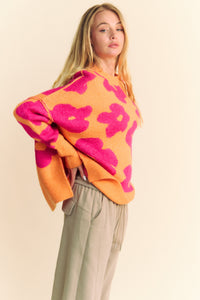 Davi & Dani OVERSIZED Knit Sweater with Floral Print in Orange/Fuchsia