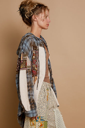 POL Mixed Print Hooded Button Down Top in Choco Multi