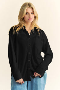 Davi & Dani Textured Knit Button Down Top in Black