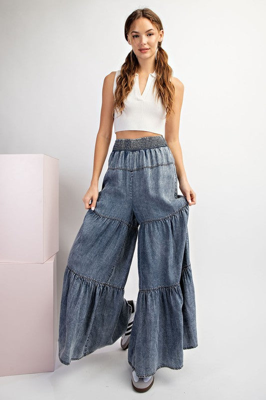ee:some Snow Washed Tiered Wide Leg Pants in Denim – June Adel