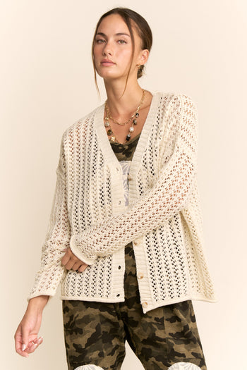 Davi & Dani Open Knit Cardigan Sweater in Almond