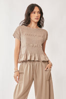 Davi & Dani Solid Color Top and Pants Set in Sand