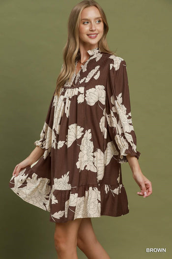 Umgee Floral Smocked Yoke Tiered Mini Dress in Brown