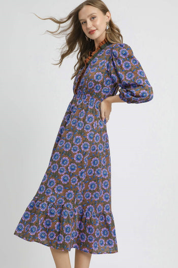 Umgee Vibrant Floral Print Maxi Dress in Brown Mix