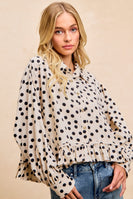 BiBi Crinkle Polka Dot Ruffle Hem Button Down Top in Cream/Black