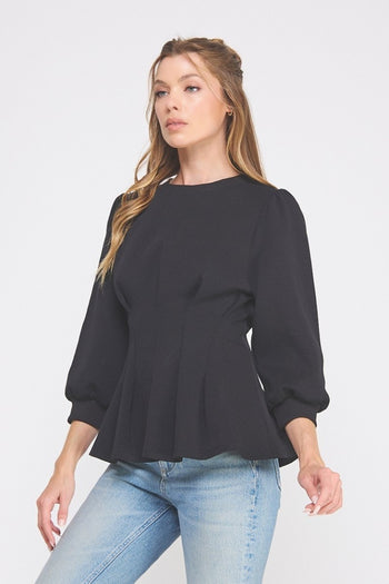 Allie Rose Double Knit Pleated Flare Top in Black