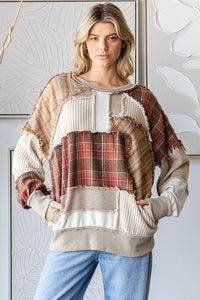 Oli & Hali Mixed Fabric and Plaid Patchwork OVERSIZED Top in Brown