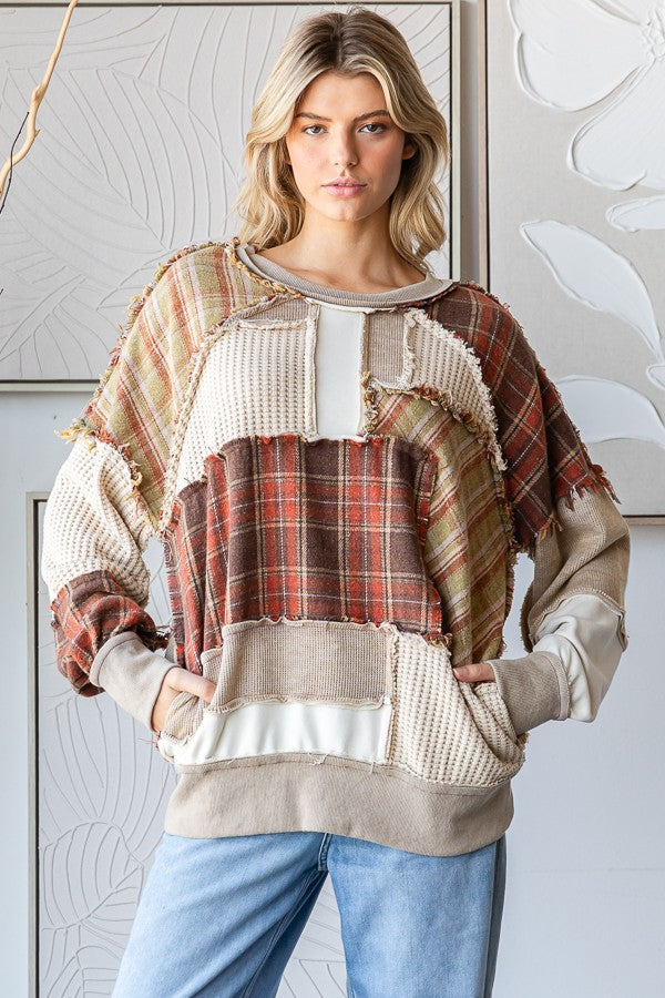 Oli & Hali Mixed Fabric and Plaid Patchwork OVERSIZED Top in Brown